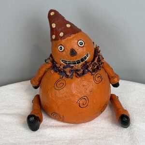 Primitive Folk Art Paper Mache Pumpkin Halloween Shelf Sitter Figure Retro